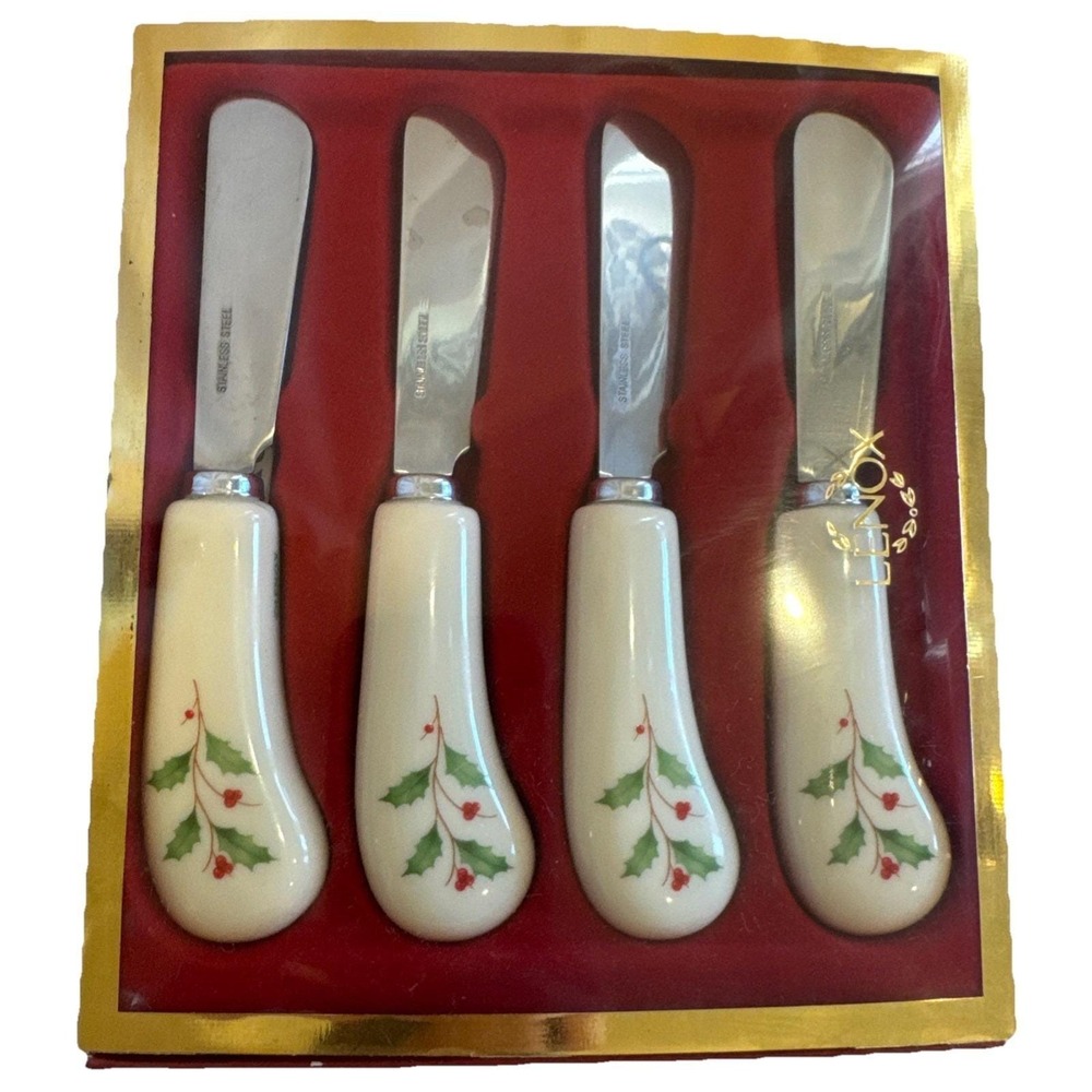 LENOX HOLIDAY Holly & Berry Butter Cheese Spreader Knives Knife Set of 4 Mint
